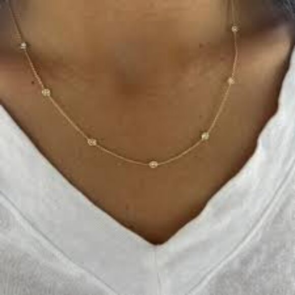 Minimalist Yellow Gold Vintage CZ Diamond Choker Layering Station Necklace - Picture 5 of 5